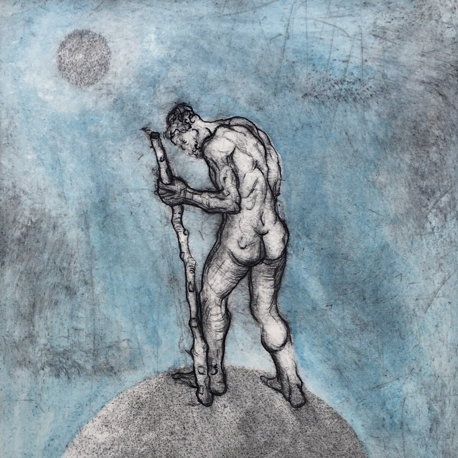 'Ecce Homo' by Mike Moor is an original drypoint and watercolour print of a figure with a staff standing on a sphere. Find this original art print for sale at The Biscuit Factory art gallery. 