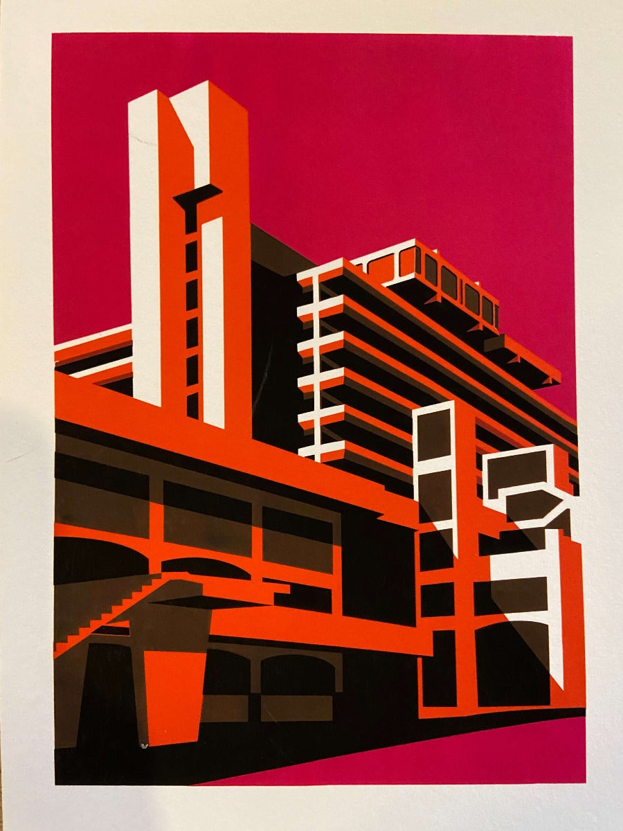 Get Carter by Mike Pinkney, a colourful screenprint of a car park in pink, orange and white. | Limited edition art prints at The Biscuit Factory Newcastle