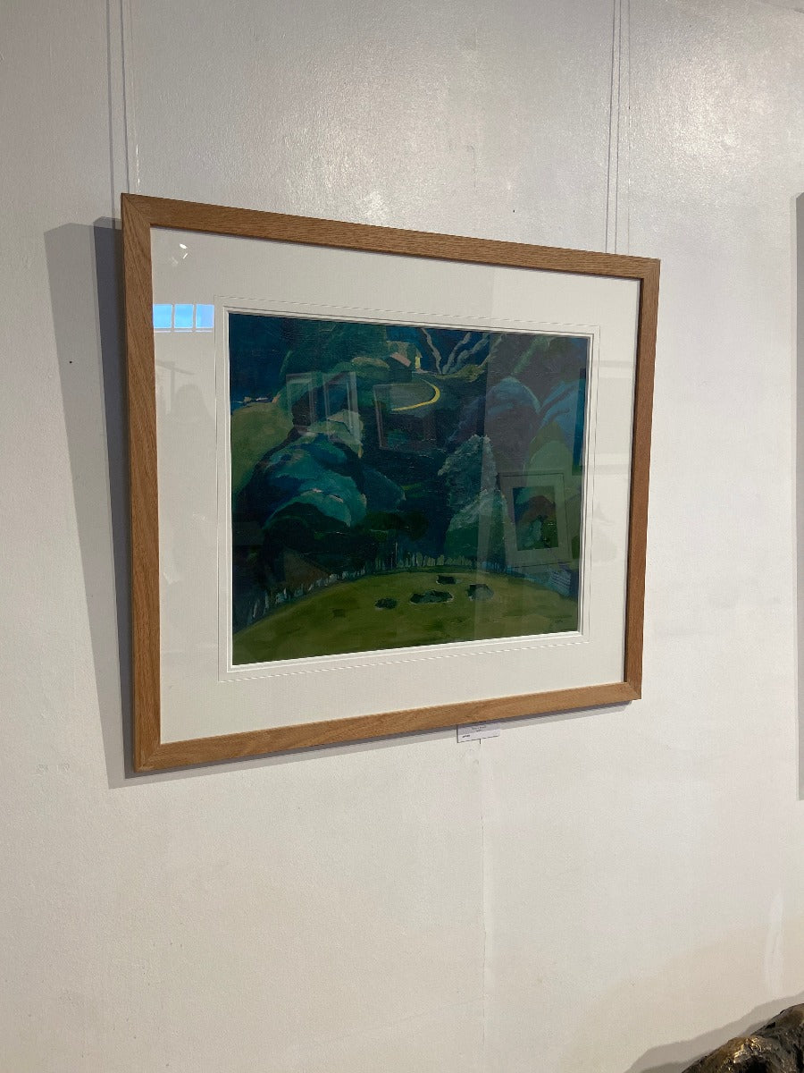 'In a Clearing' - original art for sale at The Biscuit Factory. Image shows an original acrylic painting by Christina Mingard depicting a landscape with blue, green and yellow colours.