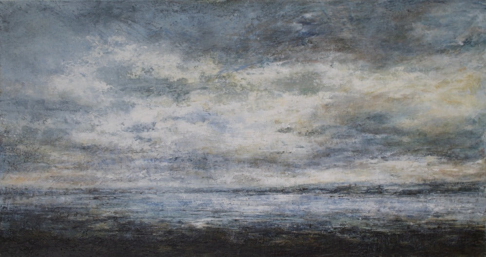 Buy 'Lindisfarne Causeway at low tide Northumberland', an atmospheric landscape by Sue Lawson. Image shows a painting of a coastal scene in stormy blues and greys with pale yellow highlights. 