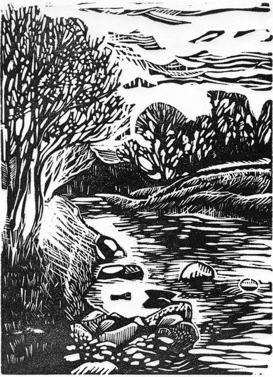 Looking Back by Cat Moore, a limited edition linocut print of a riverside landscape. | Handmade original art for sale at The Biscuit Factory Newcastle.