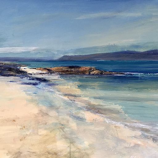 Image shows a painting of a seashore with land on the horizon. 'Low Tide, Iona' original art for sale by Sarah Carrington at The Biscuit Factory art gallery in Newcastle