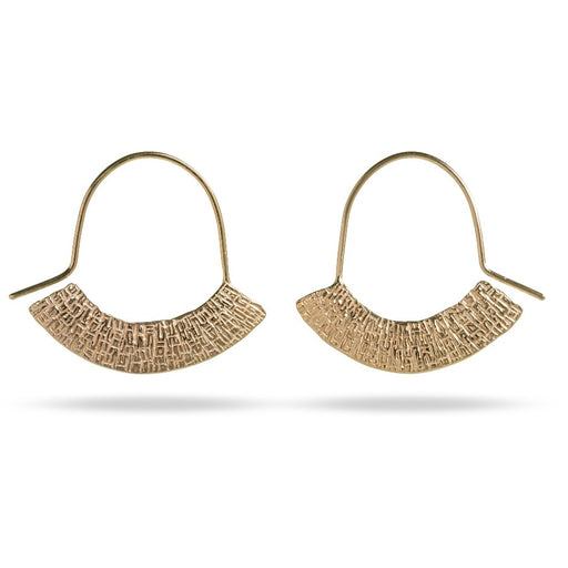 Buy Stamped Crescent Hooks Gold earrings by Mim Best online at The Biscuit Factory. Image shows a pair of gold crescent-shaped earrings with a textured surface on a white background. A long gold hook is attached at one side of each earring to hang from the ears.