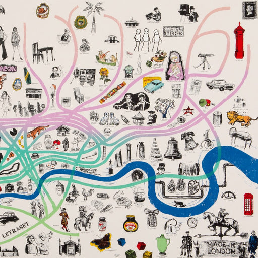 Made in London by Mychael Barratt, an etching print depicting London through pop culture iconography. | Limited edition art prints for sale at The Biscuit Factory Newcastle.