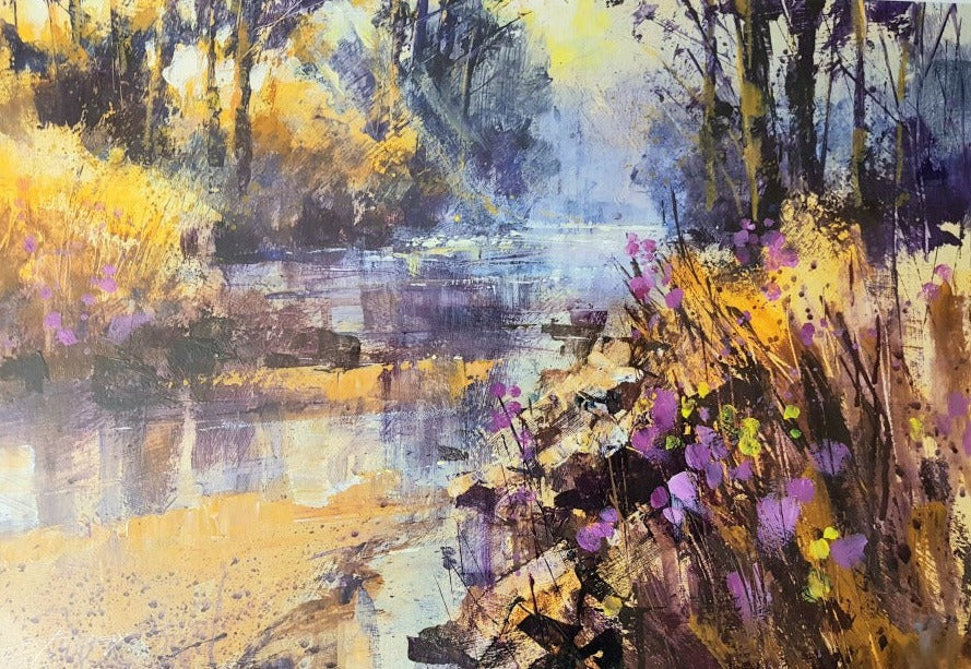 Mist and Pink Thistles by Chris Forsey, an expressive landscape painting ofa river bank. | Original landscape paintings for sale at The Biscuit Factory