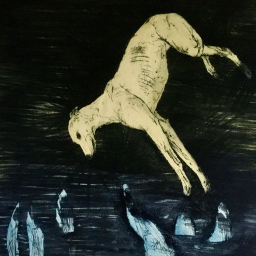 'Night' by artist Mike Moor, an original etching and watercolour print of a greyhound lying against a dark background. Original art for sale at The Biscuit Factory