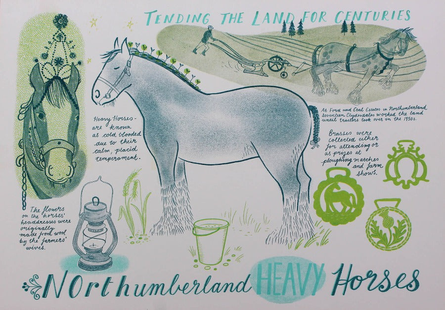 Northumberland Heavy Horse by Trina Dalziel, a risograph print of a horse and farming imagery. | Original art for sale at The Biscuit Factory Newcastle. 
