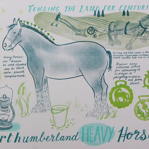 Northumberland Heavy Horse by Trina Dalziel, a risograph print of a horse and farming imagery. | Original art for sale at The Biscuit Factory Newcastle. 