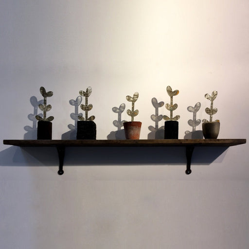 Buy 'Spring Seedlings Shelf' a handmade decorative artwork by Sue Woolhouse. Image shows a wooden shelf affixed to a white wall, on top of it are 5 ceramic pots in various shapes and colours each with a flat cartoon-style seedling cut out made of sage coloured glass.