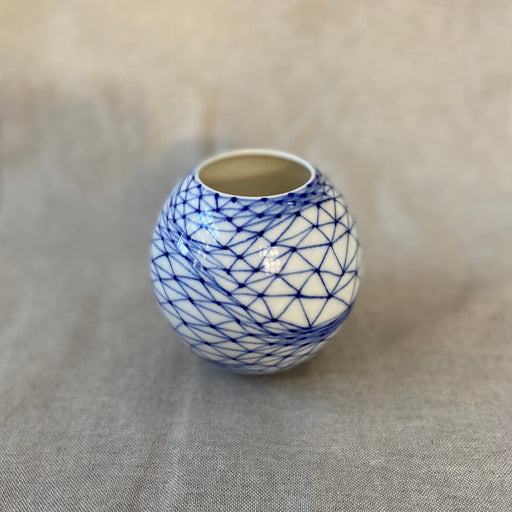 Triangle Net Moon Jar by Tamsin Arrowsmith-Brown, a white porcelain pot with blue decoration. | Handmade ceramics for sale at The Biscuit Factory Newcastle