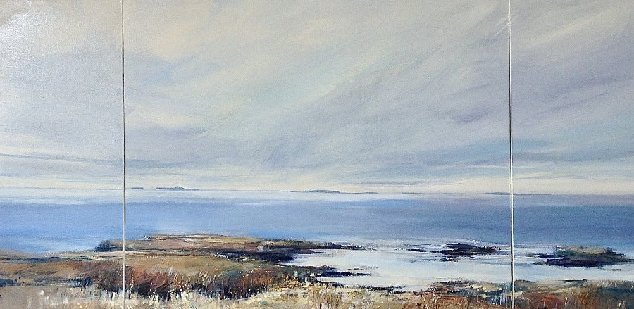 Image shows a tryptic painting of a seashore with islands on the horizon. Original art for sale by Sarah Carrington at The Biscuit Factory art gallery in Newcastle