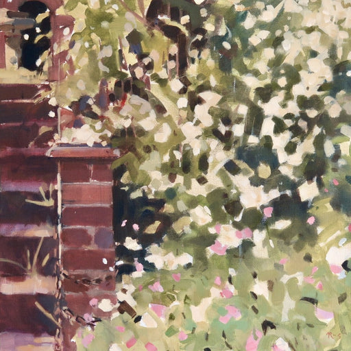 Steps in June, an original oil painting by Richard Sowman for sale at The Biscuit Factory. Image shows a painting of red brick steps with green and pink foliage next to it.