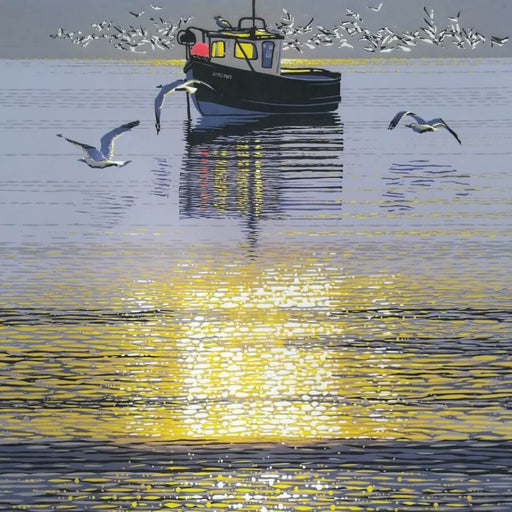 Sunshine and Seagulls by Mark A Pearce, a reduction linocut print of a fishing boat on the water with seagulls around it. | Limited edition art prints for sale at The Biscuit Factory Newcastle
