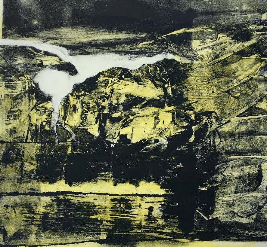 'Swan Taking Flight' by Mike Moor, an original monoprint showing an interpretation of a swan taking flight on a yellow and black background. Original art for sale at The Biscuit Factory art gallery.