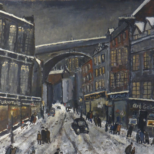 The Side (Newcastle upon Tyne) an original nostalgic painting by Malcolm Teasdale of a street on the Newcastle quayside covered by snow. | Original art for sale at The Biscuit Factory Newcastle.