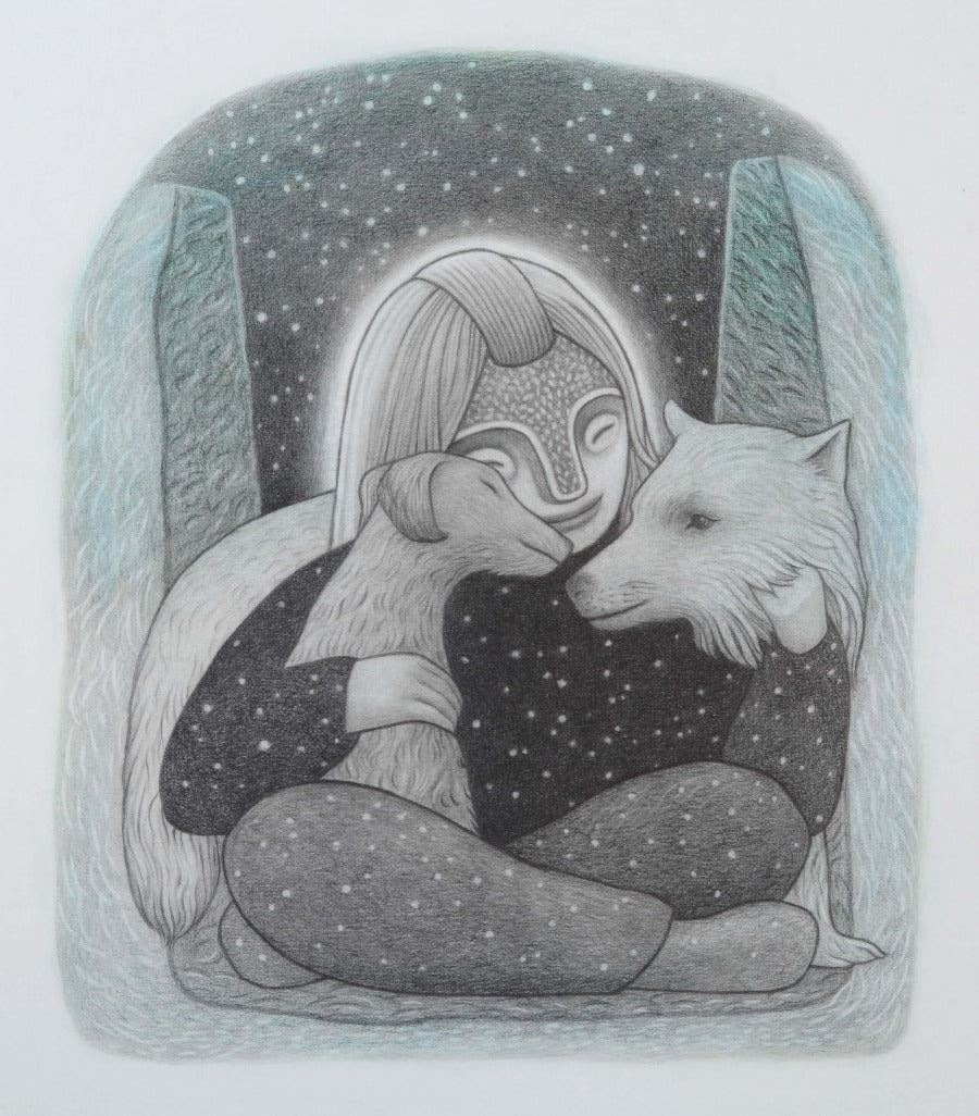 The Moon by Pamela Tait, an original drawing of a figure embracing two dogs. | Contemporary folk art for sale at The Biscuit Factory Newcastle.