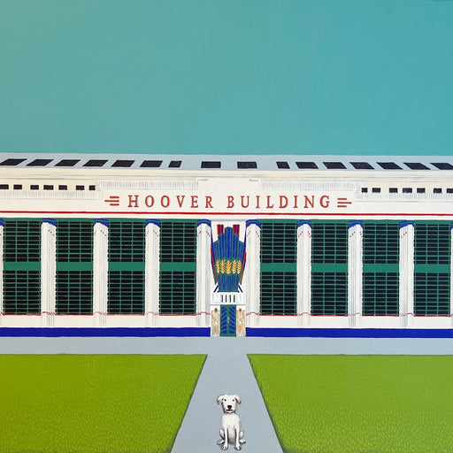 Wes Anderson's Dog - Hoover Building II by Mychael Barratt, an art print of a white dog sitting in front of the Hoover Building. | Limited edition art prints for sale at The Biscuit Factory Newcastle