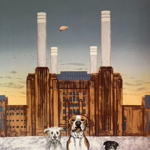 Wes Anderson's Dog, Battersea Power Station, an art print of three dogs sitting in front of Battersea Power Station. | Limited edition prints for sale at The Biscuit Factory Newcastle.