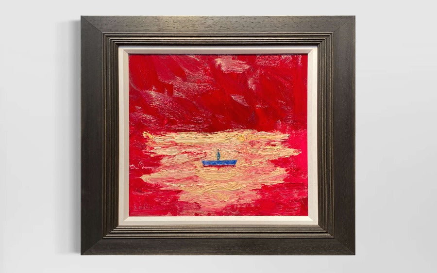 All At Sea by Stuart Buchanan, an original oil painting of a figure standing on a boat in the middle of a red seascape. | Contemporary art for sale at The Biscuit Factory Newcastle