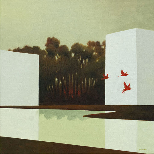 Buy 'Foresta del Fuoco' an original oil painting by Cesare Reggiani. Image shows a landscape painting with two white blocks at either side reflected in a body of water underneath them. In between the buildings lies a wood. 3 red silhouetted birds fly across the rightmost white block to the edge of the canvas.