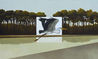 View and buy original artwork by Cesare Reggiani online at The Biscuit Factory. Image shows a heron in flight over a white square shape in the background flanked by dense trees.