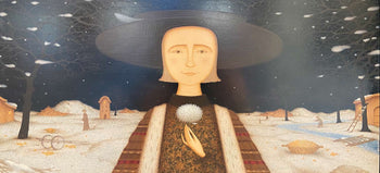 View and buy original paintings by Alexander Shibniov online at The Biscuit Factory, a Newcastle art gallery. Image shows a long landscape painting of a snow covered street. In the foreground is a woman wearing a large round hat holding a dandelion.