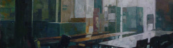 View and buy original artwork online at The Biscuit Factory. Image shows a small section of a larger painting - desks can be seen with chairs in the foreground with light streaming in from a window in the background.