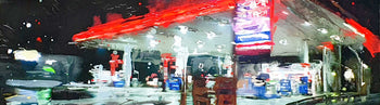 View and buy original artwork online at The Biscuit Factory. Image shows a cropped section of a larger painting of an esso garage in darkness, the neon lighting creates a bright centre to the image and is slightly blurred as if captured through rain.