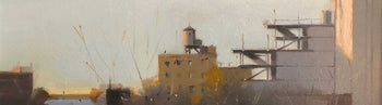 Buy original artwork online at The Biscuit Factory. Image shows a cropped section of a larger painting of a collection of industrial beige buildings against a dusty blue sky