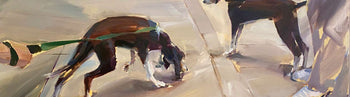 Image shows a cropped section of a painting of dogs by Jonathon Hargreaves