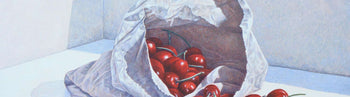 Image shows a cropped section of larger painting of a bag of cherries by Paul Morgan Clarke
