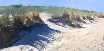 View and buy original landscape paintings by Graham Rider at The Biscuit Factory. Image shows a painted beach scene with tufts of green and yellow grass amongst the dunes.