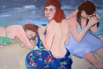 View and buy paintings by Basia Roszak at The Biscuit Factory. Image shows a painting of 3 bathers on the beach.