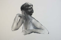 View and buy original figurative paintings and charcoal sketches by India Amos online at The Biscuit Factory. Image shows a charcoal and watercolour of a woman with her hair up with her body facing the front by her head turned behind her.