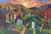 View and buy colourful oil paintings by Chris Cyprus at The Biscuit Factory. Image shows a bright landscape painting depicting a collection of allotments surrounded by country houses with green hills and a pastel sky.