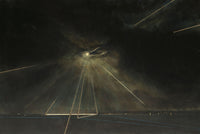 View and buy original paintings by Deborah Grice at The Biscuit Factory. Image shows a dark painted landscape with the moon shining through the clouds and casting geometric metallic lines across the landscape.