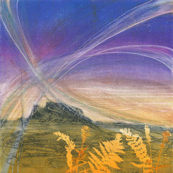 Buy original handmade prints by Carol Nunan at The Biscuit Factory. Image portrays a purple and green abstract painting of a mountainous range.