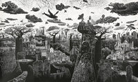 Original Art For Sale by Ade Adesina. Image is of a black and white intricate linocut of an otherworldly city featuring whales and boats flying amongst the clouds. 