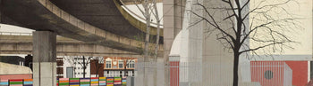 Image shows a cropped section of an urban landscape painting by Mandy Payne