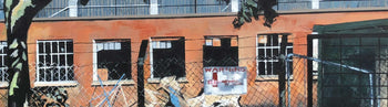 Image shows a cropped section of an urban landscape painting by Andrea Sadler