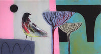 Buy original abstract paintings by Henrietta Corbett online at The Biscuit Factory. Image shows abstract background in multiple colours. Features a bird and two trees.
