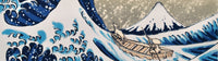 Find original art prints for sale by Mychael Barratt at The Biscuit Factory art gallery in Newcastle. Image shows a section of a print of a wooden boat with a small dog in large blue and white waves in the style of Japanese artist Hokusai