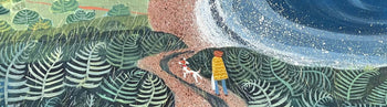 View and buy paintings by Barbara Pierson at The Biscuit Factory. Image is a naive-style painting of a woman in a red coat walking her dog along a pier with the waves crashing up the barrier