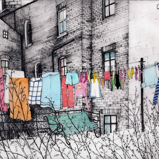 Backyard Washing by Pamela Grace | Contemporary Print making for sale at The Biscuit Factory Newcastle 