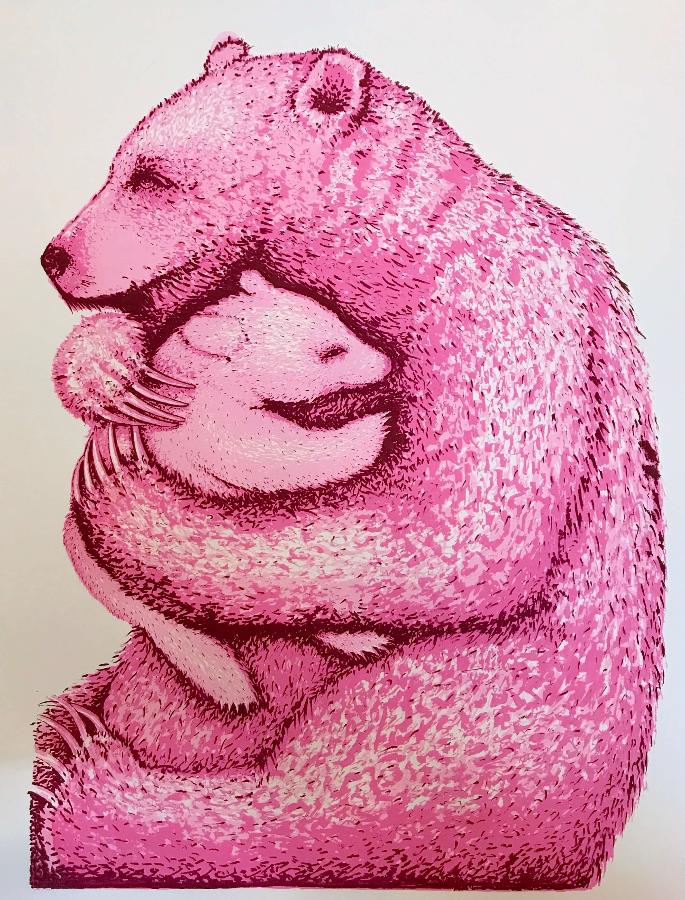 Bear Hugs Pink by Tim Southall | Contemporary Print for sale at The Biscuit Factory Newcastle 
