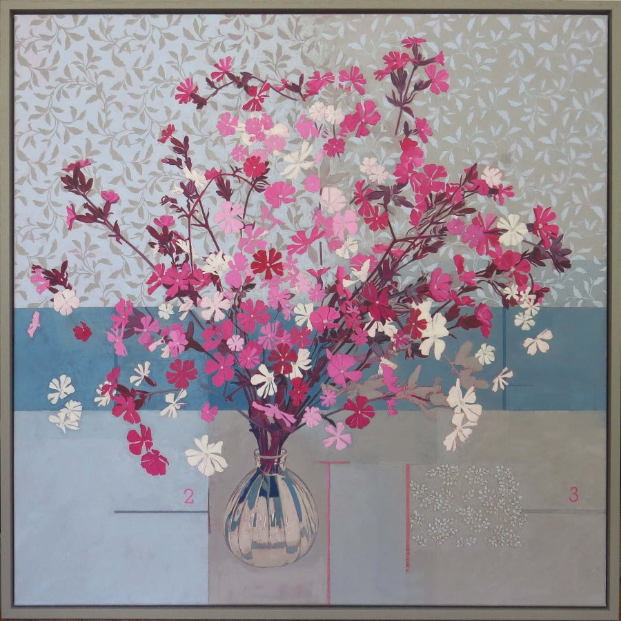 Between Two and Three by Simon M Smith, an original painting of a vase of pink flowers | Original art for sale at The Biscuit Factory Newcastle