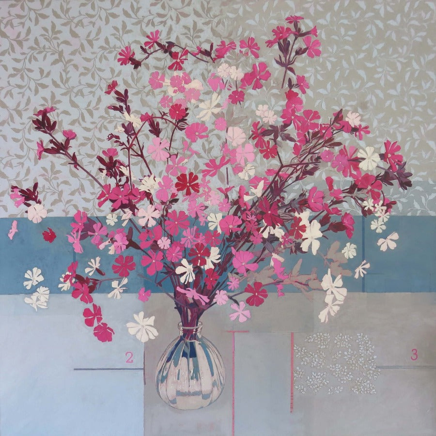 Between Two and Three by Simon M Smith, an original painting of a vase of pink flowers | Original art for sale at The Biscuit Factory Newcastle