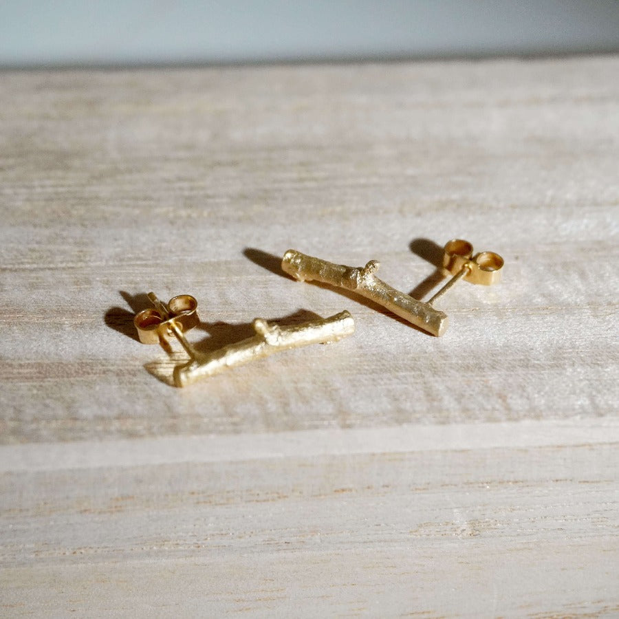 Birch Twig Studs in Gold by Tina Macleod | Contemporary Jewellery for sale at The Biscuit Factory Newcastle 