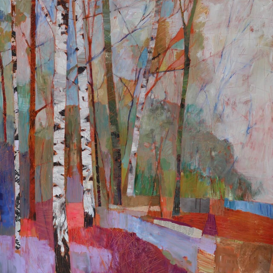 Birches by the Edge of Desingham Wood by Sally Anne Fitter, an original painting of a forest scene in bright colours. | Original landscape art for sale at The Biscuit Factory Newcastel