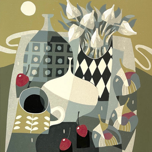 Abstract artwork with geometric shapes, a vase, and cherries on a beige background